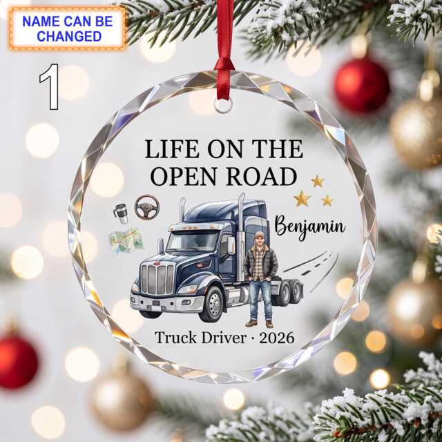 Life On The Open Road Christmas Glass Ornament, Custom Truck Driver Keepsake With Semi Truck, Scene & Winter Details - image 1