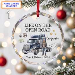 Life On The Open Road Christmas Glass Ornament, Custom Truck Driver Keepsake With Semi Truck, Scene & Winter Details - thumbnail 1
