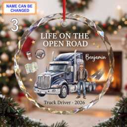 Life On The Open Road Christmas Glass Ornament, Custom Truck Driver Keepsake With Semi Truck, Scene & Winter Details - thumbnail 3