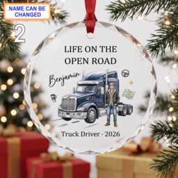 Life On The Open Road Christmas Glass Ornament, Custom Truck Driver Keepsake With Semi Truck, Scene & Winter Details - thumbnail 2