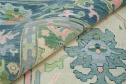 Beige & Pine Green Oushak Rug Handwoven Wool Soft Traditional Nature Decor