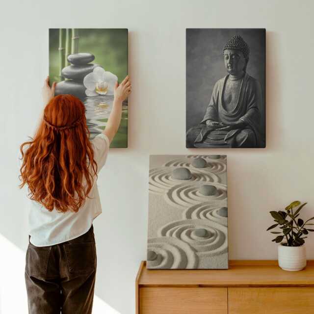 Canvas Art Set Of 3 - Relaxing View Buddha, Stones On The Beach & Bamboo, Multicolored Wall Art, Travels Hanging Piece - image 1