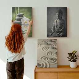 Canvas Art Set Of 3 - Relaxing View Buddha, Stones On The Beach & Bamboo, Multicolored Wall Art, Travels Hanging Piece