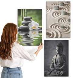 Canvas Art Set Of 3 - Relaxing View Buddha, Stones On The Beach & Bamboo, Multicolored Wall Art, Travels Hanging Piece - thumbnail 3
