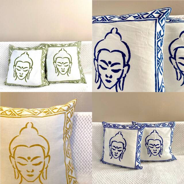 Buddha Cushion, Buddha Pillow Case, Cover, Block Print, Soft Cotton, Yoga, Meditation, Gift, 16 X 16 Inches.blue, White , Mustard, Green, Buddhism - image 1