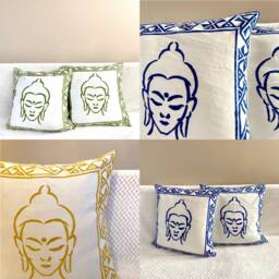 Buddha Cushion, Buddha Pillow Case, Cover, Block Print, Soft Cotton, Yoga, Meditation, Gift, 16 X 16 Inches.blue, White , Mustard, Green, Buddhism - thumbnail 1