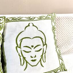 Buddha Cushion, Buddha Pillow Case, Cover, Block Print, Soft Cotton, Yoga, Meditation, Gift, 16 X 16 Inches.blue, White , Mustard, Green, Buddhism - thumbnail 3