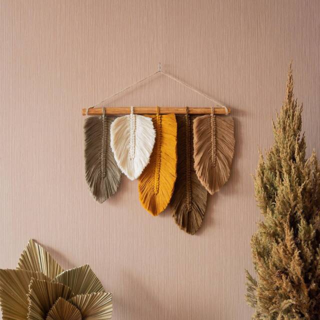 Feather Macrame Wall Hanging, Green Leaf Art, Boho Home Decor, New Gifts, Farmhouse Gift For Her L04 - image 1