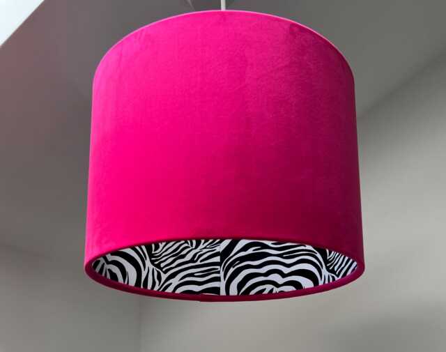 Cerise Velvet Drum Lampshade, Double Sided Lampshade With Zebra Print Cotton Interior, Ceiling Light Shade - image 1
