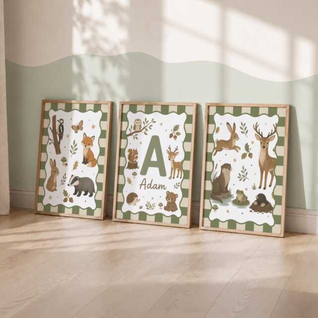 Personalised Woodland Animal Prints - Set Of 3 Nursery Wall Art, Boys Girls Bedroom Decor - image 1