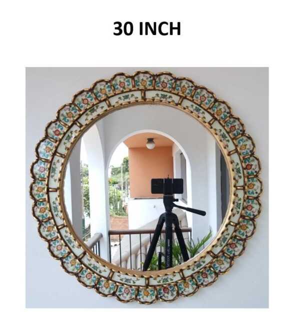Round Ivory & Gold Mirror 30 Inch - Elegant Boho Sunburst Wall Handmade Peruvian Decorative Statement - image 1