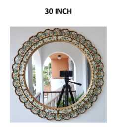 Round Ivory & Gold Mirror 30 Inch - Elegant Boho Sunburst Wall Handmade Peruvian Decorative Statement