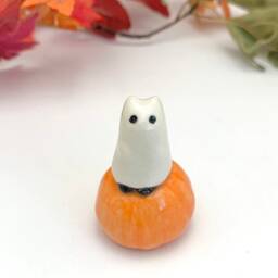 Cat Ghost On Pumpkin, Halloween Decoration, Lover Gift, Ceramic Figurine