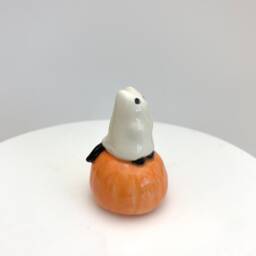 Cat Ghost On Pumpkin, Halloween Decoration, Lover Gift, Ceramic Figurine - thumbnail 3