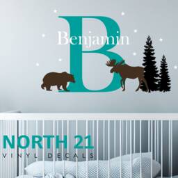 Woodland Wall Decal, Moose Wall Decal, Bear Woodland, Outdoor Nursery Boys Name Decal - thumbnail 2