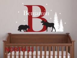 Woodland Wall Decal, Moose Wall Decal, Bear Woodland, Outdoor Nursery Boys Name Decal - thumbnail 1