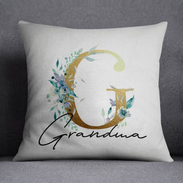 Personalised Grandma Gift Gold Blue Floral Cushion With Initial - image 1