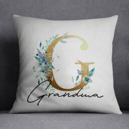 Personalised Grandma Gift Gold Blue Floral Cushion With Initial - thumbnail 1