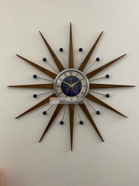 Handmade Mid Century Starburst Wall Clock Teak Rays & Navy Face - image 1