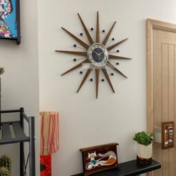 Handmade Mid Century Starburst Wall Clock Teak Rays & Navy Face - thumbnail 4