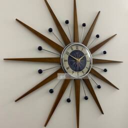 Handmade Mid Century Starburst Wall Clock Teak Rays & Navy Face - thumbnail 2