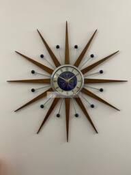 Handmade Mid Century Starburst Wall Clock Teak Rays & Navy Face - thumbnail 1