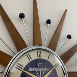 Handmade Mid Century Starburst Wall Clock Teak Rays & Navy Face - thumbnail 3