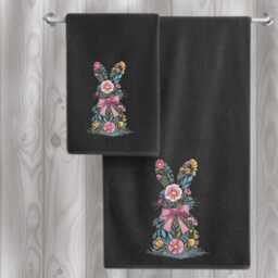 Embroidered Towel, Floral Bunny Design, Personalized Cotton Towel - thumbnail 2