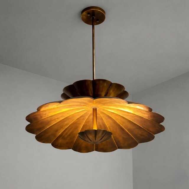 1950S, Mid Century Brass Handmade Flower Pendant Light, Modern Petal Ceiling Fixture For Luxury Looking Home Decor Large Bedroom - image 1