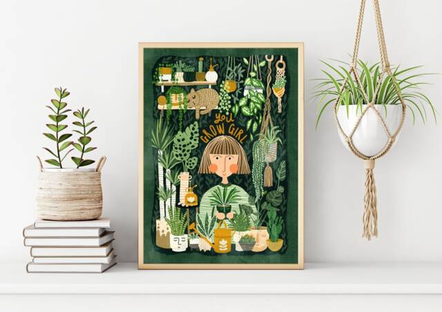 House Plant Lover Illustration Print Dark Green Yellow - image 1