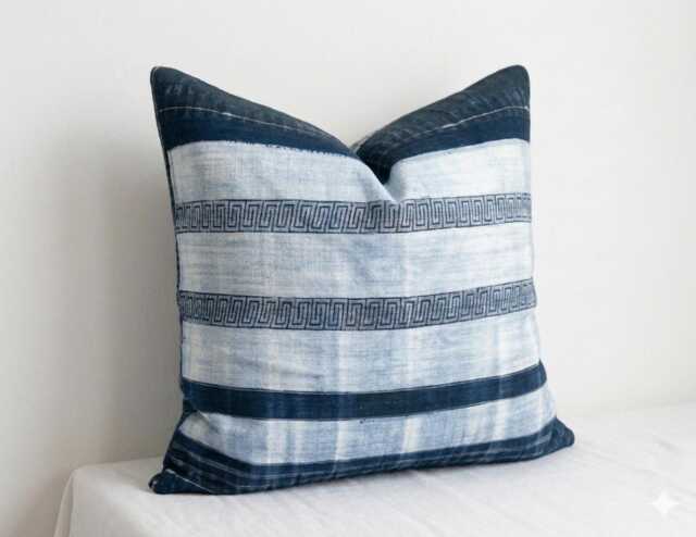 Vintage Hmong Hemp Batik Pillow Cover, Indigo Dyed, 20x20 - image 1