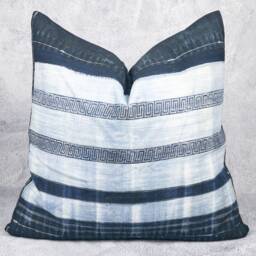 Vintage Hmong Hemp Batik Pillow Cover, Indigo Dyed, 20x20 - thumbnail 3