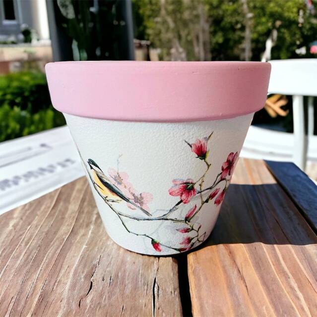 Pink Cherry Blossom Bird Terracotta Plant Pot, Pretty Flower Gifts, Home Accessories, Decorations - image 1