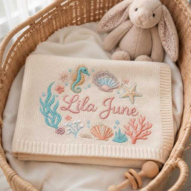 Personalized Seashell Embroidered Baby Blanket, Custom Name Ocean Nursery Gift, Shower Keepsake, Newborn Gift Idea - image 1