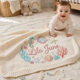 Personalized Seashell Embroidered Baby Blanket, Custom Name Ocean Nursery Gift, Shower Keepsake, Newborn Gift Idea - thumbnail 3