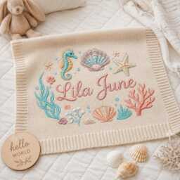 Personalized Seashell Embroidered Baby Blanket, Custom Name Ocean Nursery Gift, Shower Keepsake, Newborn Gift Idea - thumbnail 2