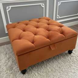 Plush Velvet Ottoman Box With Black Wooden Legs Tufted Coffee Table, Footstool, Seating - thumbnail 2