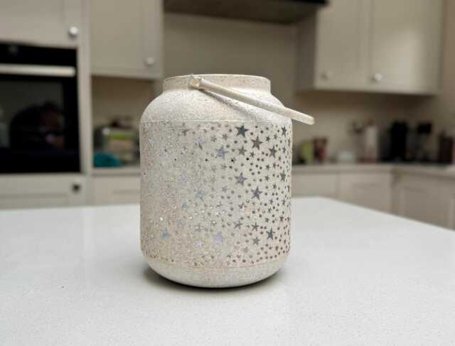Vintage Mottled White Star Lantern - Distressed Metal Candle Holder - 24cm - image 1