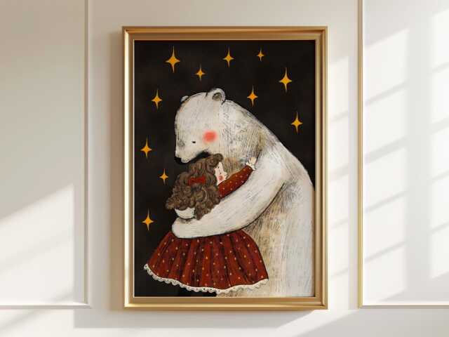 Girl & Bear Art Print Whimsical Nursery Decor - image 1