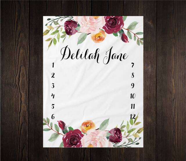 Girl Milestone Blanket Month Growth Tracker Minky Fleece Custom Personalized Baby Shower Gift Watercolor Floral Newborn - image 1