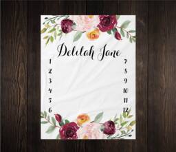 Girl Milestone Blanket Month Growth Tracker Minky Fleece Custom Personalized Baby Shower Gift Watercolor Floral Newborn