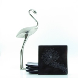 Set Of 4 Soapstone Decorative Square Plates - Inch With Peacock Feather Etching Perfect For Small Items - thumbnail 1