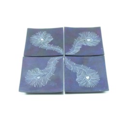 Set Of 4 Soapstone Decorative Square Plates - Inch With Peacock Feather Etching Perfect For Small Items - thumbnail 3