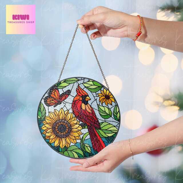 Cardinal & Sunflower Glass Suncatcher Vibrant Window Decor - image 1