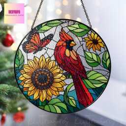 Cardinal & Sunflower Glass Suncatcher Vibrant Window Decor - thumbnail 3