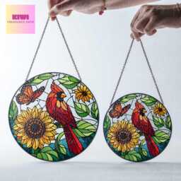 Cardinal & Sunflower Glass Suncatcher Vibrant Window Decor - thumbnail 2