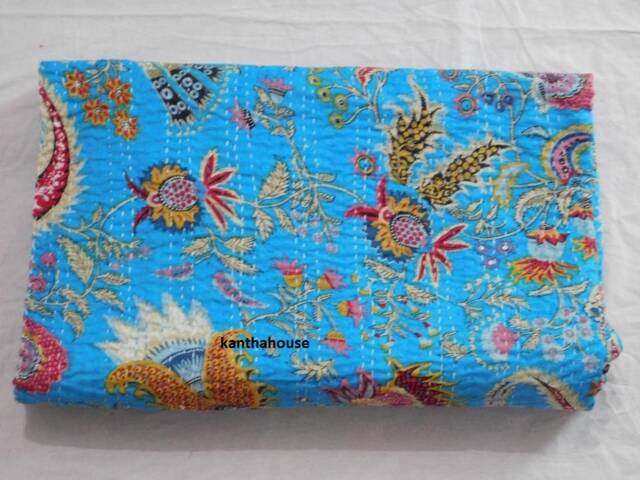 Indian Kantha Quilt Turquoise Floral Cotton Bedspread, Queen Size - image 1