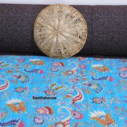Indian Kantha Quilt Turquoise Floral Cotton Bedspread, Queen Size - thumbnail 4