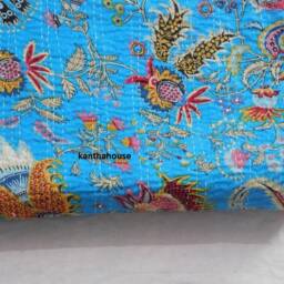 Indian Kantha Quilt Turquoise Floral Cotton Bedspread, Queen Size - thumbnail 3