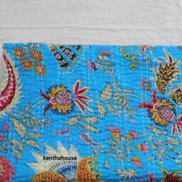Indian Kantha Quilt Turquoise Floral Cotton Bedspread, Queen Size - thumbnail 2